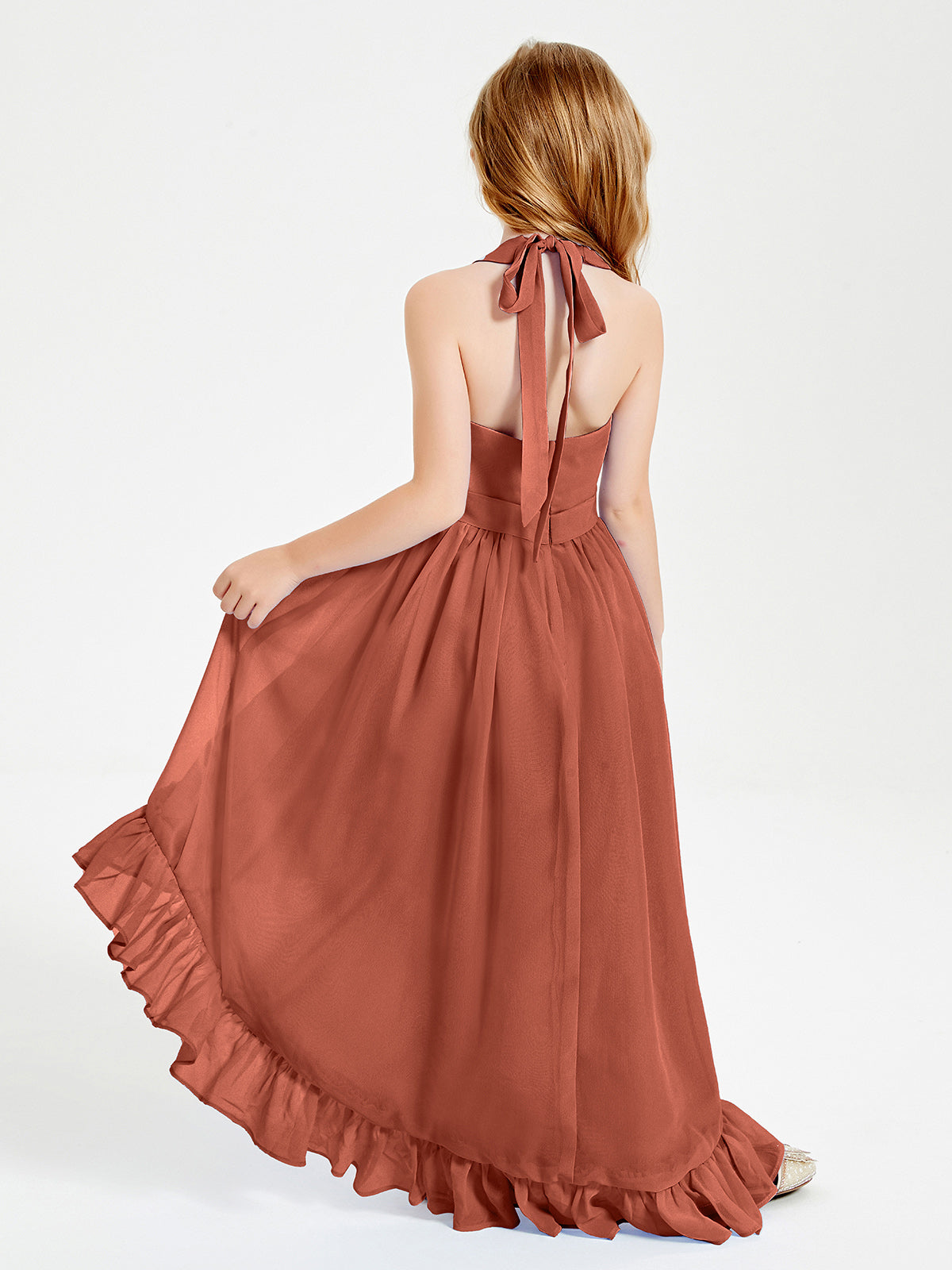 Trendy Boho Junior Bridesmaid Dresses Asymmetrical Cascading Skirt Rust